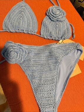 Meshki Light Blue Crochet Bikini with Floral Accents